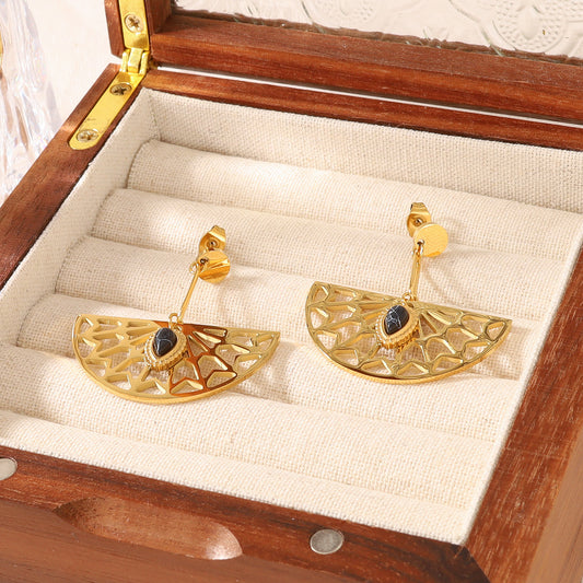 18KG vintage hollow out fan shape dangle stainless steel earrings