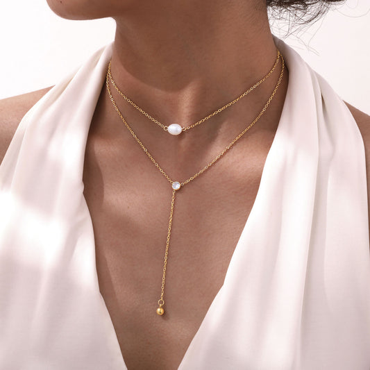 Dainty two layer pearl cubic zircon stainless steel necklace