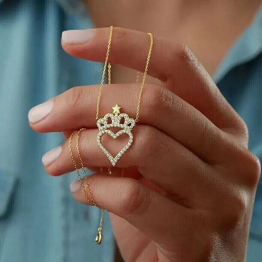 Hollow out heart crown full diamond dainty necklace copper necklace