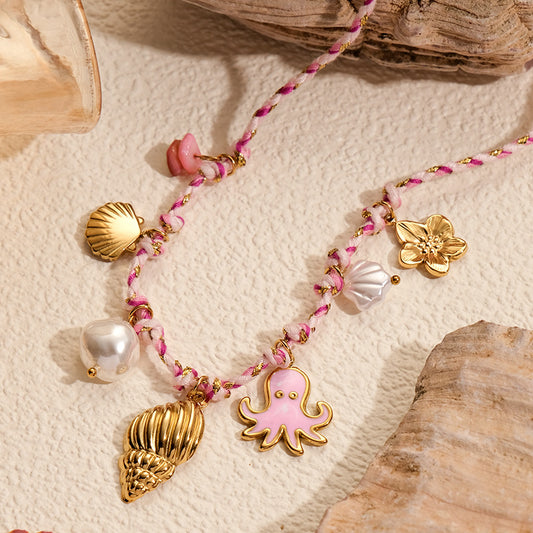 Sweet pink ocean charms braid rope chain stainless steel necklace