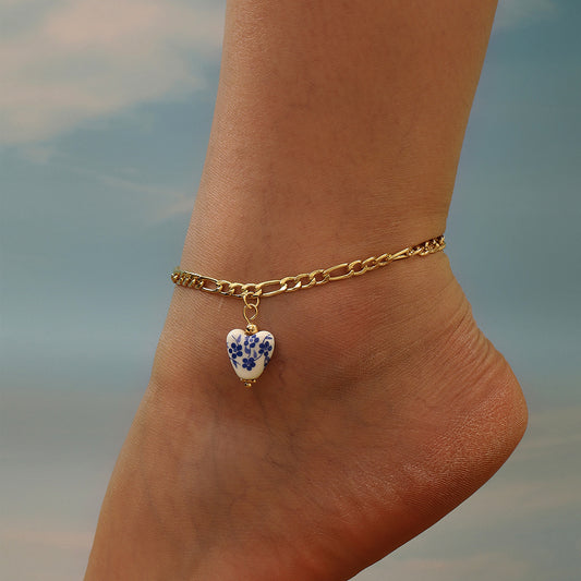 Vintage love blue white porcelain pendant stainless steel chain anklet