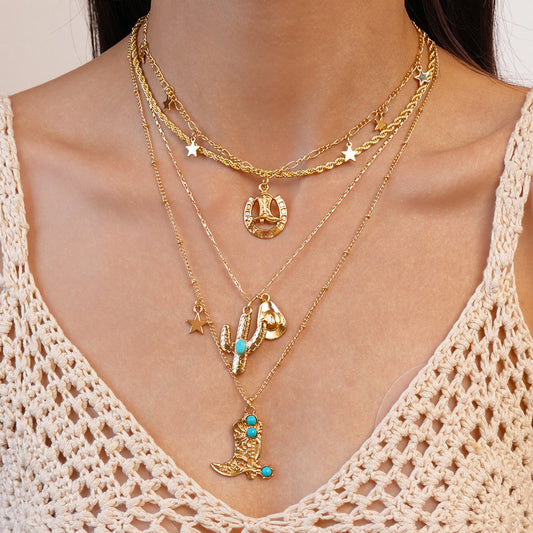 Four-Piece Set of Cowboy Hat Cactus Shoes Star Pendants necklace set