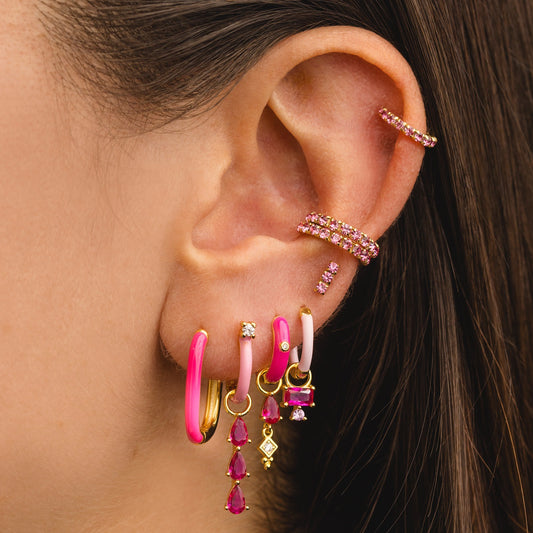 Sweet pink enamel gold plated copper huggie earrings set