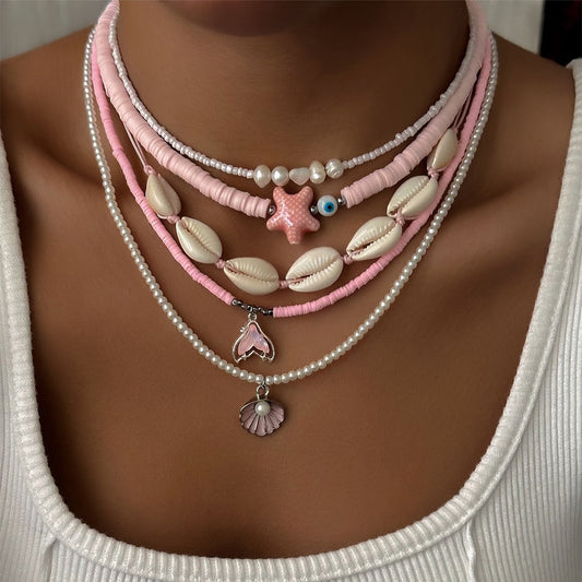 Summer Ocean Style Fashion Shell Necklace Pink Beads Starfish Pearl Multi-Layered Necklace for Women