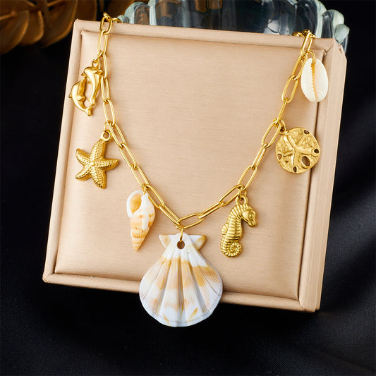 Ocean Series Scallop Seahorse Tropical Fish Starfish charm Stainless Steel Gold-Plated Necklace
