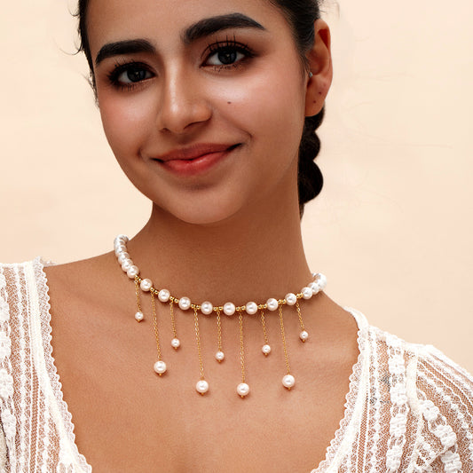 Elegant pearl bead tassel stainless steel necklace choker