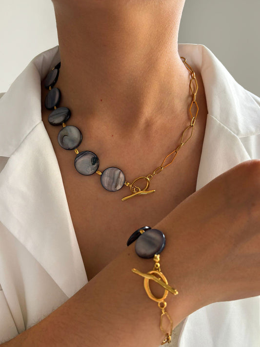 Vintage round shape black shell stainless steel necklace bracelet suit