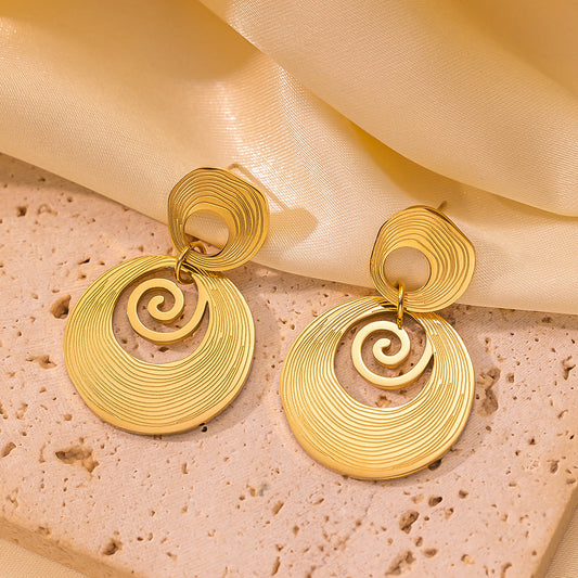French trend round piece sprial shape hollow stainless steel earrings