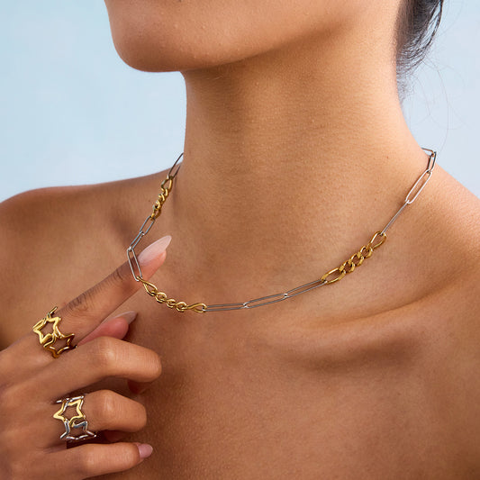 Two tone paperclip chain stainless steel necklace