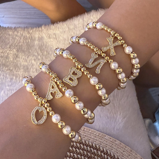Diamond initial letter charm pearl bead gold bead bracelet