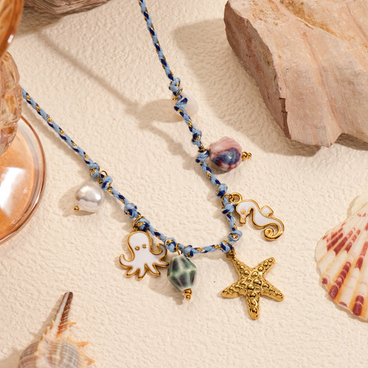 Summer Ocean Necklace for Women Colorful Stainless Steel enamel Starfish Seahorse Braided Rope Knot necklace