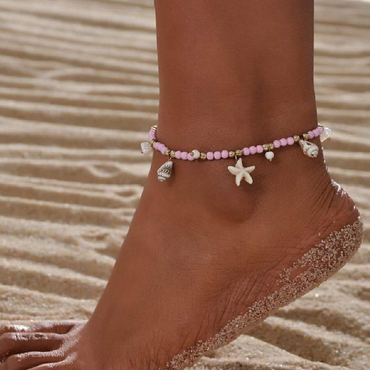 Beach trend pink color seed bead stainless steel anklet