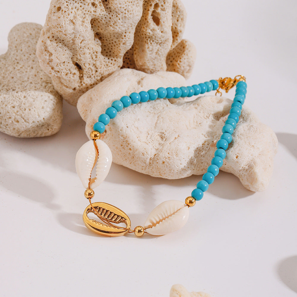 Holiday turquoise bead shell stainless steel anklet