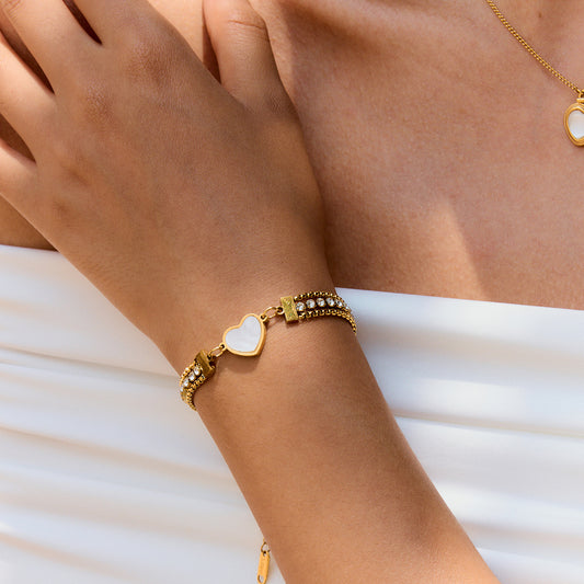 18K Gold Stainless Steel Shell-Shaped Heart with White Zircon Three-Layer Chain Bracelet