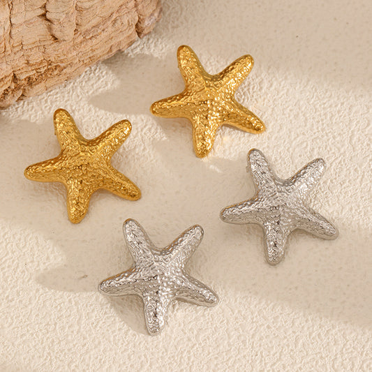 18KG hammer pattern starfish stainless steel earrings