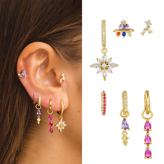 6PCS set rainbow cz pave setting gold plated copper huggie earrings set