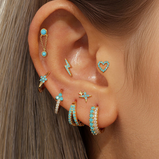 S925 Needle Love turquoise stone inlaid huggie earrings set