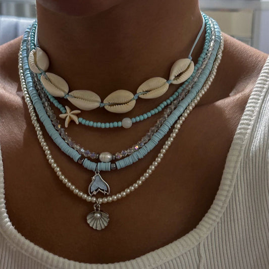 5pcs set Summer Fashion Blue Beaded Necklace Shell Design Necklace Set