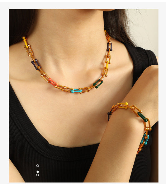 Colorful enamel stainless steel chain necklace bracelet set