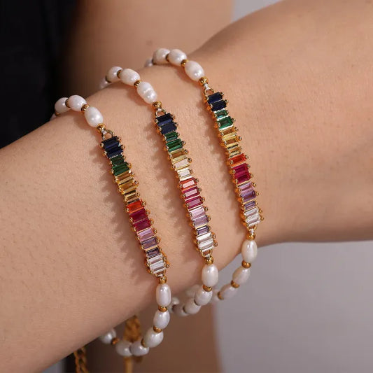 Freshwater Pearl Beaded Bracelet Inlaid Colorful Zircon Design Sense Stainless Steel Bracelet
