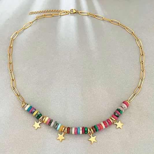 Boho colorful bead tiny star stainless steel necklace holiday necklace for women