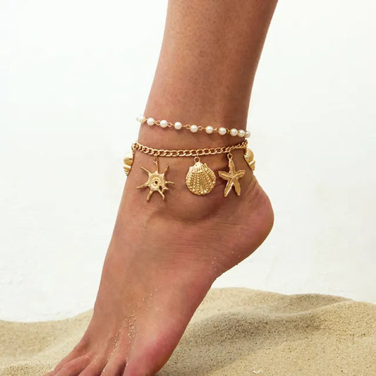 Beach Vacation Style Starfish Scallop Shell Anklet